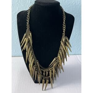 VTG Brass Toned Spike Statement Necklace Fringe Bib Layered Chains Boho Punk
